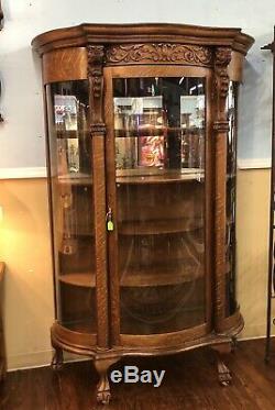 Antique Oak China Curio Cabinet Carved Lions Claw Feet Tiger Oak