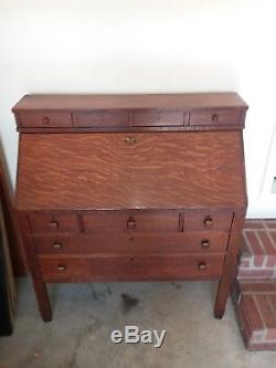 Antique Slant Front Tiger Oak Secretary Desk With 9 Drawers