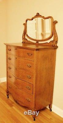 Antique Tiger Oak High Boy Dresser Chest Of Drawers With Beveled