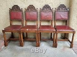 Set4x Antique French Carved Tiger Oak Gothic Revival Dining Chairs Leather Seat