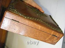 10.5 Antique Victorian Tiger Oak Wood Chest Box with Ornate Brass Mounts