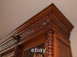 1800s Antique Carved Tiger Oak Bookcase Cabinet German Austrian