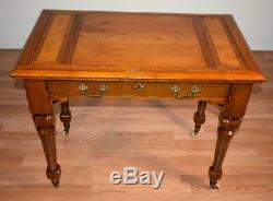 1870s Antique Victorian Tiger oak small writing desk / office desk center table