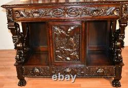 1880 Antique RJ Horner Tiger Oak carved winged Griffin Server buffet / sideboard