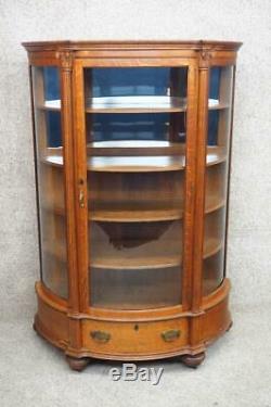 1880's Era Antique Bowfront Curio Crystal China Display Cabinet Tiger Oak