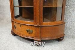 1880's Era Antique Bowfront Curio Crystal China Display Cabinet Tiger Oak