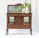1890's Beautiful Tiger Oak Carved Buffet With Curved Glass Display Door & Mirror