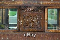 1890's Beautiful Tiger Oak Carved Buffet with Curved Glass Display Door & Mirror