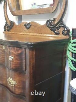 1895 Victorian Tiger Oak Dresser WithSerpentine Front WithOriginal Bevel Mirror