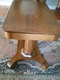 1900 Tiger Oak Library Table Solid Double Column Octagonal Base 48 x 28