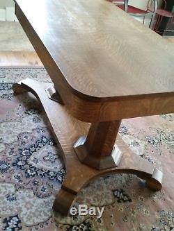 1900 Tiger Oak Library Table Solid Double Column Octagonal Base 48 x 28
