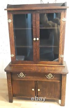 1900's Mission Oak Salesman Sample / Doll Two Piece Step-Back Curio Cabinet