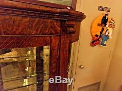 1907 Tiger Stripe Oak Bow Front China Cabinet Lion Feet Glass Shelves Restored