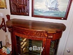 1907 Tiger Stripe Oak Bow Front China Cabinet Lion Feet Glass Shelves Restored