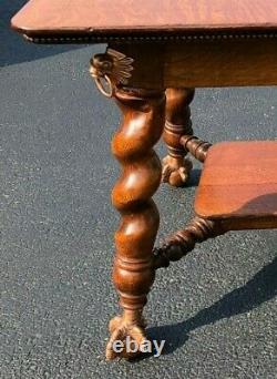 1911 Victorian Tiger Oak Table Corkscrew Legs with Copper Eagle Talon Feet