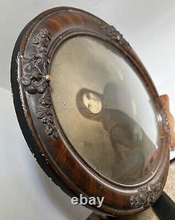 1920s Antique Faux Tiger Oak Domed Convex Bubble Glass Wood Frame 24 x 18 Oval