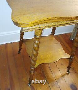 1920s Gorgeous, English Tiger Oak Side End TABLE barley twist legs, glass feet