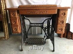 1924 Singer Sewing Treadle Sewing Machine in Tiger Oak Cabinet, 7 drawers