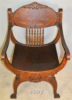 19575 Tiger Sawn Oak Barrell Seat Arm Chair Carved