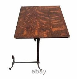 19TH C ANTIQUE VICTORIAN TIGER OAK DRAFTING TABLE With CAST IRON INDUSTRIAL BASE