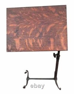 19TH C ANTIQUE VICTORIAN TIGER OAK DRAFTING TABLE With CAST IRON INDUSTRIAL BASE