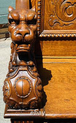 19TH C ANTIQUE VICTORIAN TIGER OAK HALL TREE With LION CARVINGS RJ HORNER
