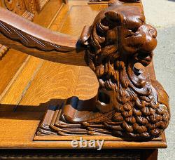 19TH C ANTIQUE VICTORIAN TIGER OAK HALL TREE With LION CARVINGS RJ HORNER