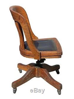 19TH C ANTIQUE VICTORIAN TIGER OAK SWIVEL OFFICE DESK CHAIR With LEATHER SEAT