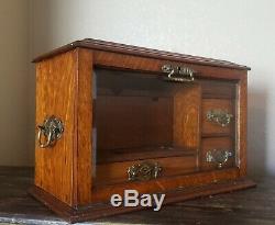 19Th C. Antique English Tiger Oak Travel Stationary Writing Desk Box Cabinet