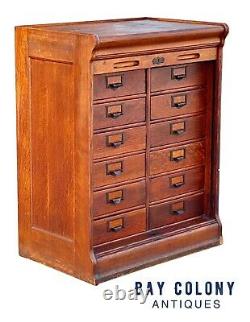19th C Antique Tiger Oak Globe 12 Drawer Tambour Office File Cabinet