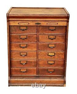 19th C Antique Tiger Oak Globe 12 Drawer Tambour Office File Cabinet