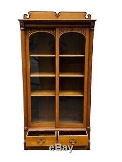19th C Antique Tiger Oak Sliding Glass Door Victorian Bookcase