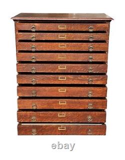 19th C Antique Victorian Tiger Oak 10 Drawer Map File Cabinet / Flat File