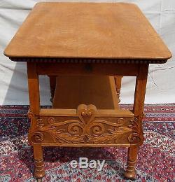 19th C Antique Victorian Tiger Oak Carved Kitchen / End Table Pastry Table