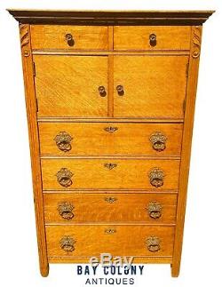 19th C Antique Victorian Tiger Oak Hat Box Dresser / Tall Chest