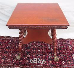 19th C Antique Victorian Tiger Oak Parlor Table With Glass Ball Feet