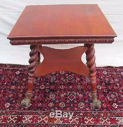 19th C Antique Victorian Tiger Oak Parlor Table With Glass Ball Feet