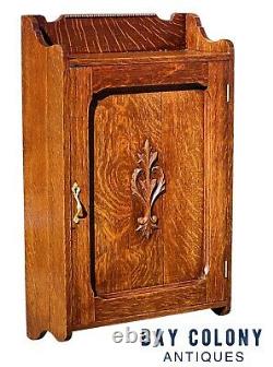 19th C Antique Victorian Tiger Oak Wall Hanging Bathroom Medicine Cabinet