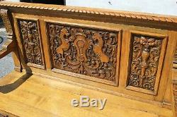 19th Century Victorian Heavily Carved Tiger Oak Hallway Bench