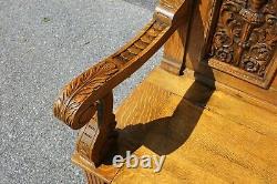 19th Century Victorian Heavily Carved Tiger Oak Hallway Bench