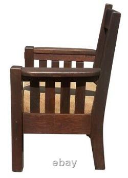 20th C Antique Arts & Crafts Harden Tiger Oak Slatted Arm Chair