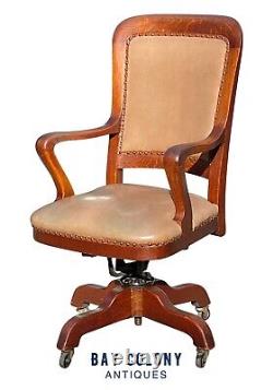 20th C Antique Arts & Crafts Milwaukee Chair Co Oak Swivel Office Desk Chair