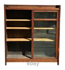 20th C Antique Arts & Crafts / Mission Oak Sliding Door Tiger Oak Bookcase