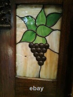 2 Antique Tiger Quarter Sawn Oak Cigar Store Back Bar Cabinet Tops Stained Glass
