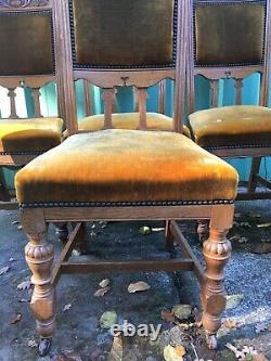 6 Set Antique Solid Tiger Carved Oak Dining Chairs Ornate Upholstered Victorian