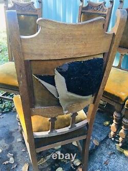6 Set Antique Solid Tiger Carved Oak Dining Chairs Ornate Upholstered Victorian