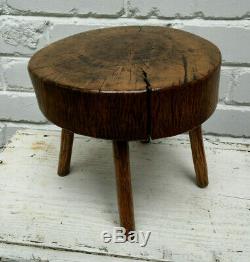 AMAZING ANTIQUE PRIMITIVE AGED BURLED CROTCHED TIGER OAK THICK STOOL With4 LEGS