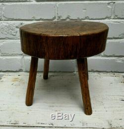 AMAZING ANTIQUE PRIMITIVE AGED BURLED CROTCHED TIGER OAK THICK STOOL With4 LEGS