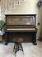 Antique 1890s Russell & Lane Chicago Upright Piano & Stool With Tiger Oak