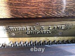 ANTIQUE 1890s RUSSELL & LANE Chicago Upright Piano & Stool with Tiger Oak